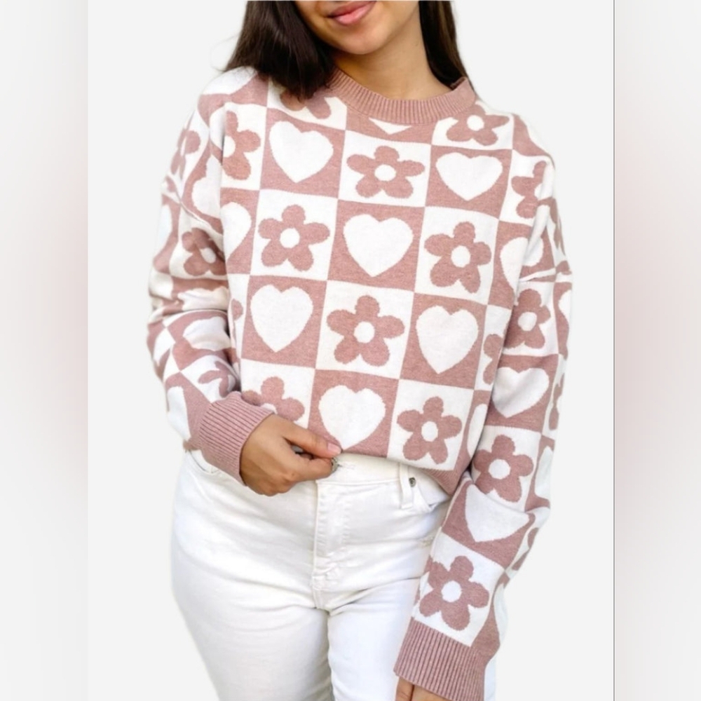 Urban Outfitters Debut Cropped Pink Floral Heart Knit Sweater Top Size Medium